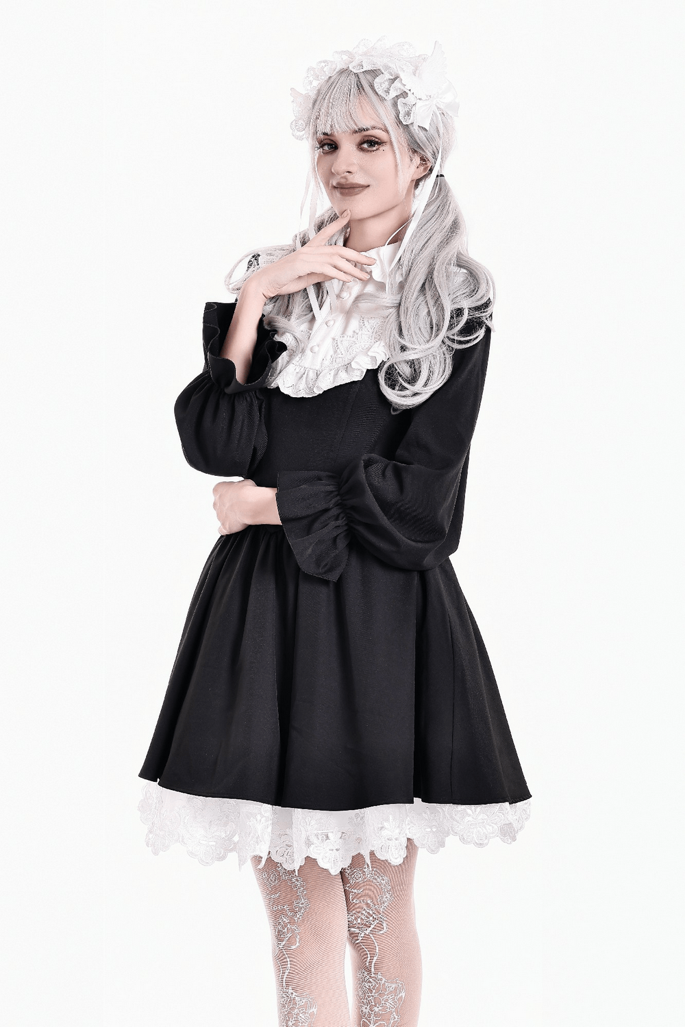 Delicate Lace Bib Flared Mini Dress with Long Sleeves