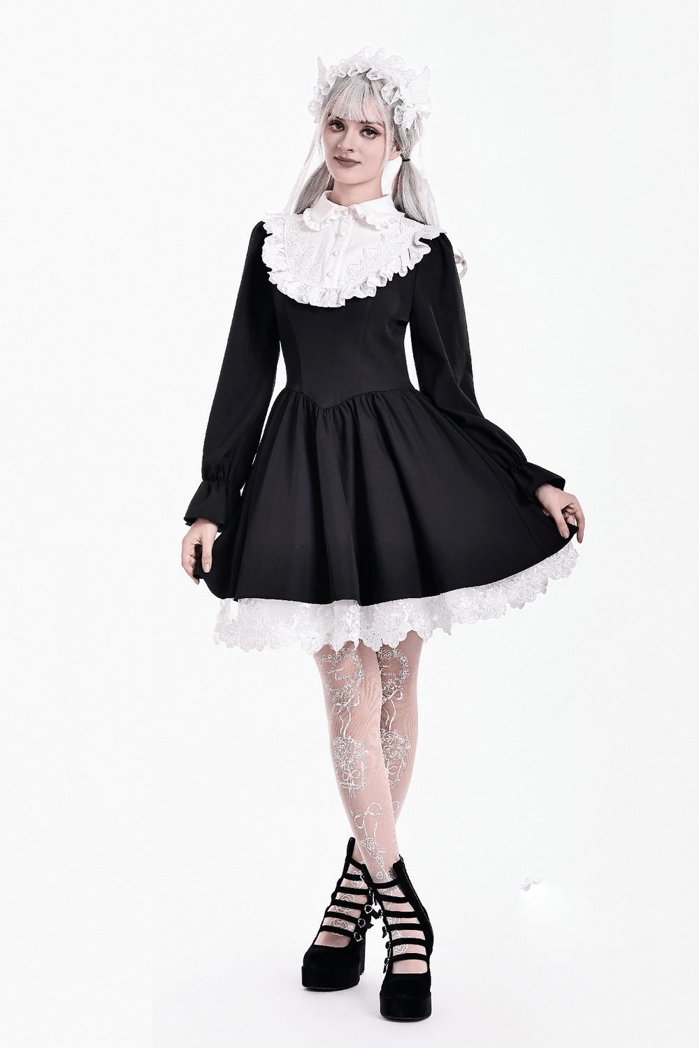 Delicate Lace Bib Flared Mini Dress with Long Sleeves