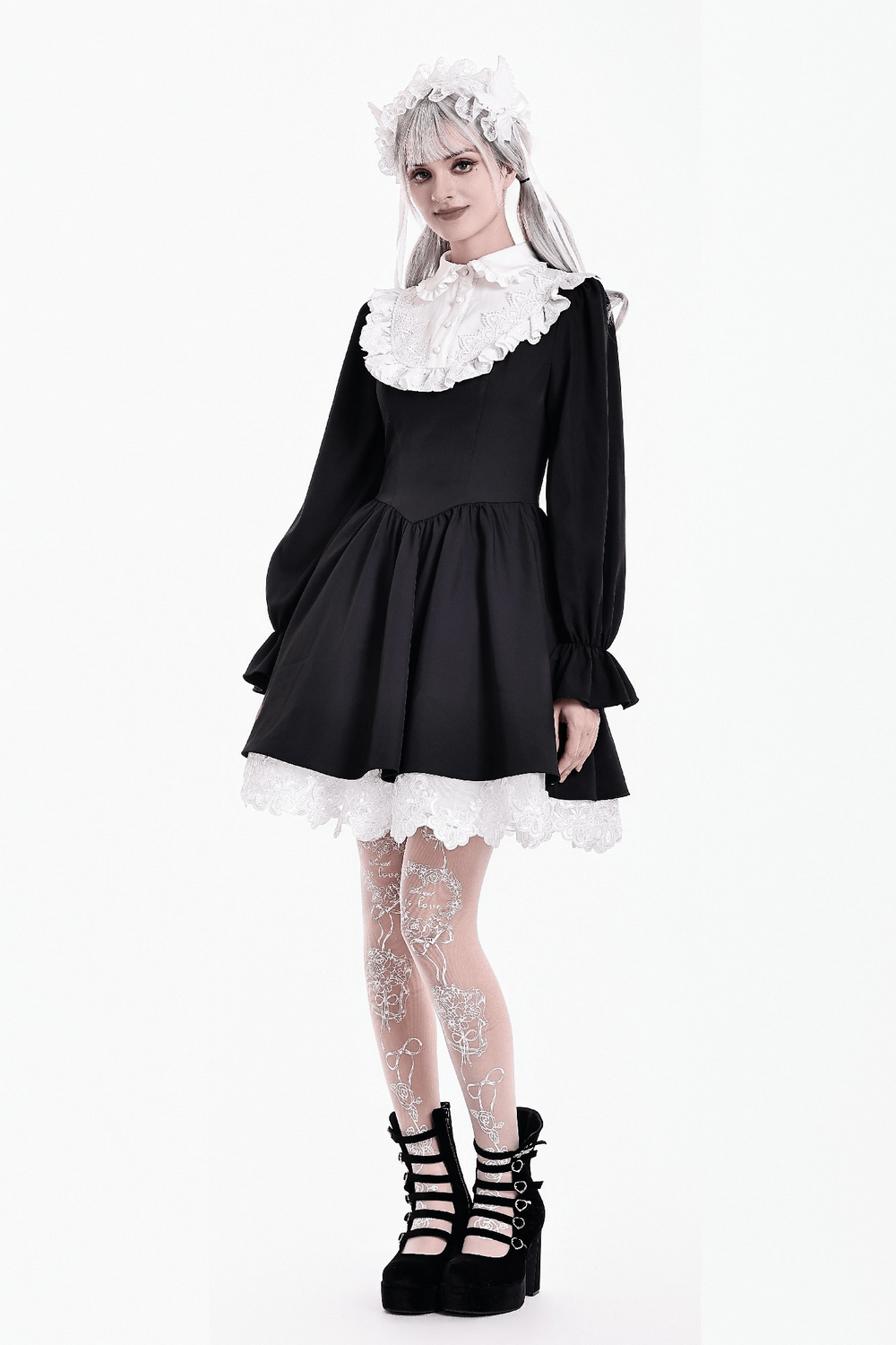 Delicate Lace Bib Flared Mini Dress with Long Sleeves