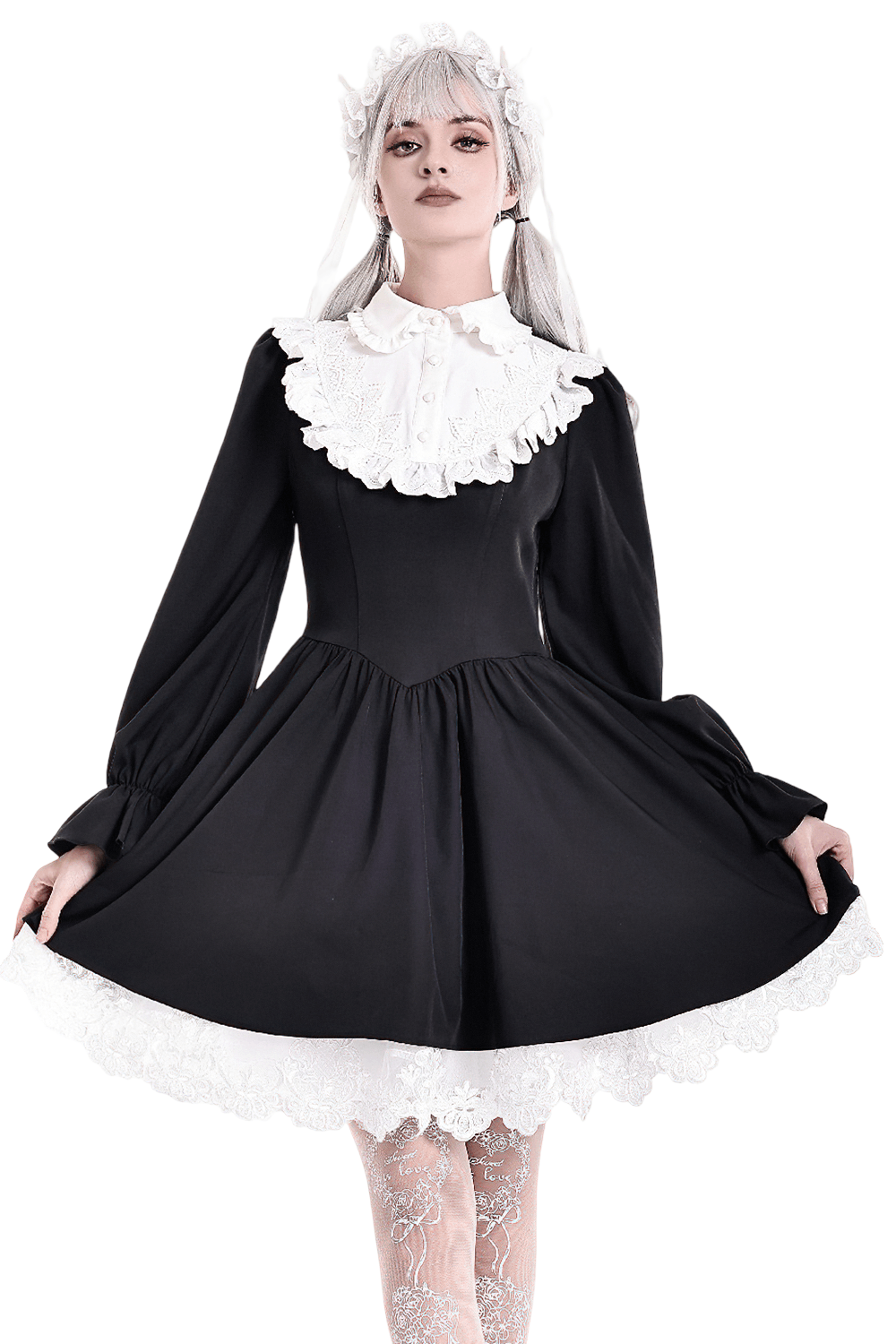 Delicate Lace Bib Flared Mini Dress with Long Sleeves