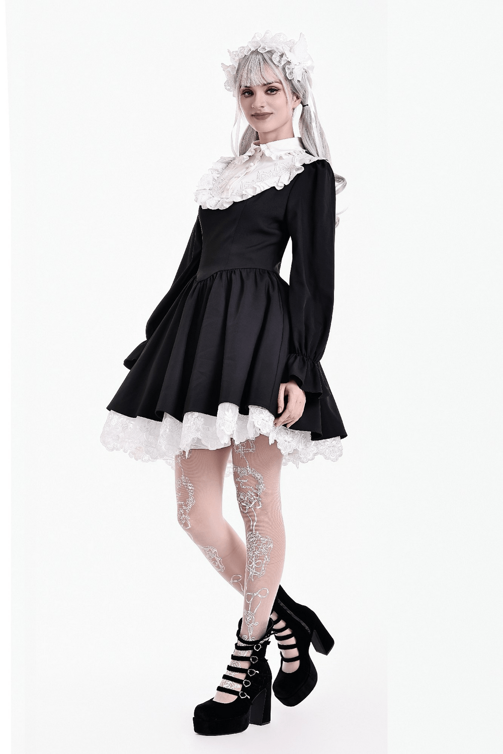 Delicate Lace Bib Flared Mini Dress with Long Sleeves