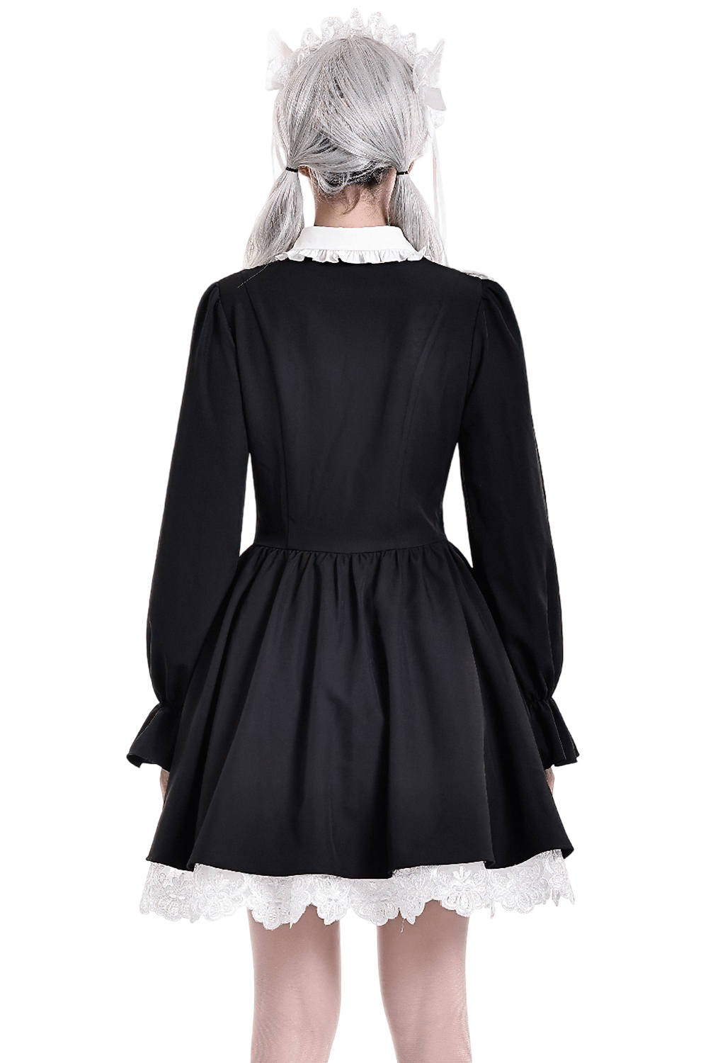 Delicate Lace Bib Flared Mini Dress with Long Sleeves