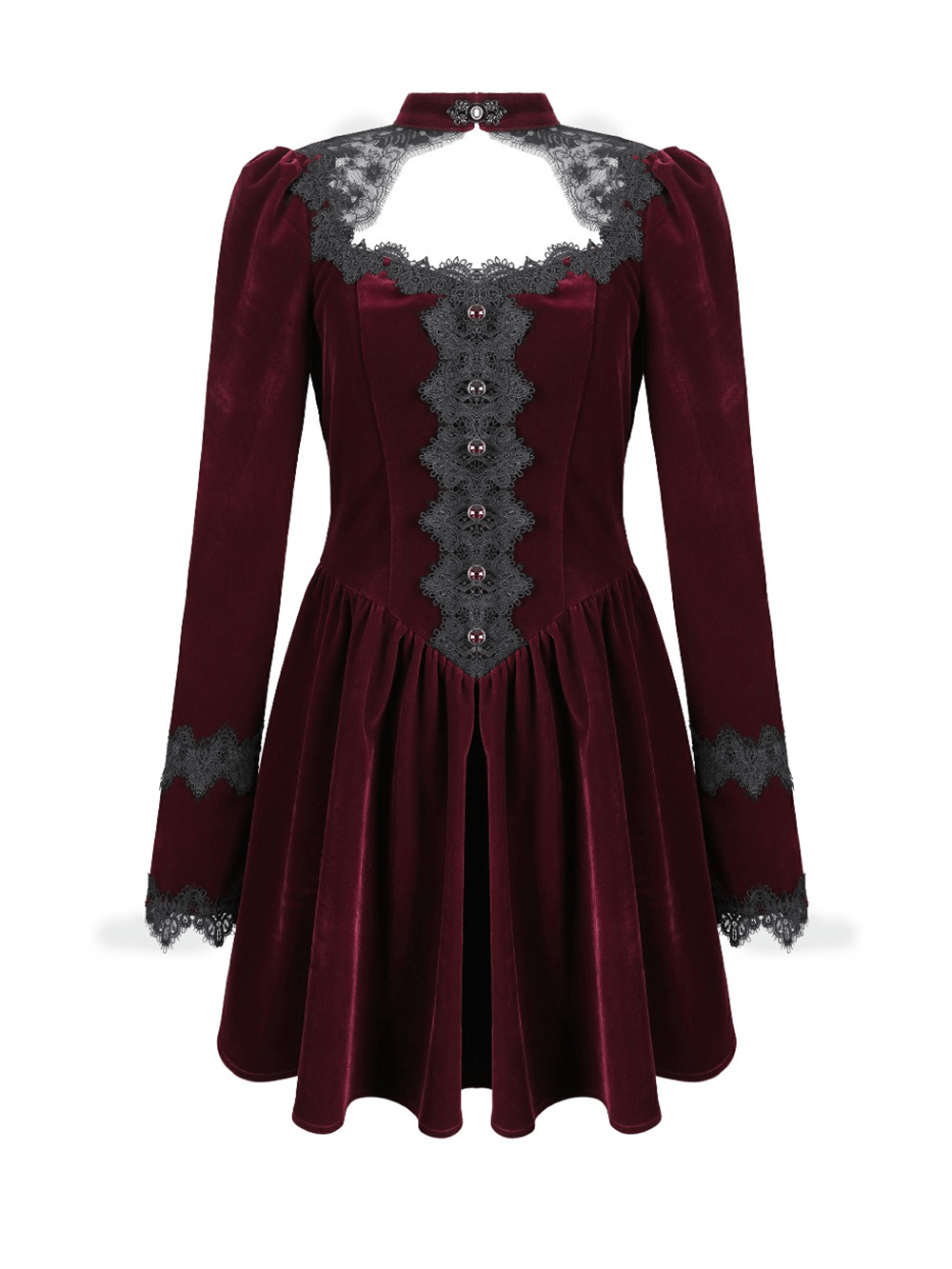 Delicate Mini Dress with Lace and Keyhole Neckline burgundy velvet Gothic dress with lace trim, puff sleeves and ornate buttons