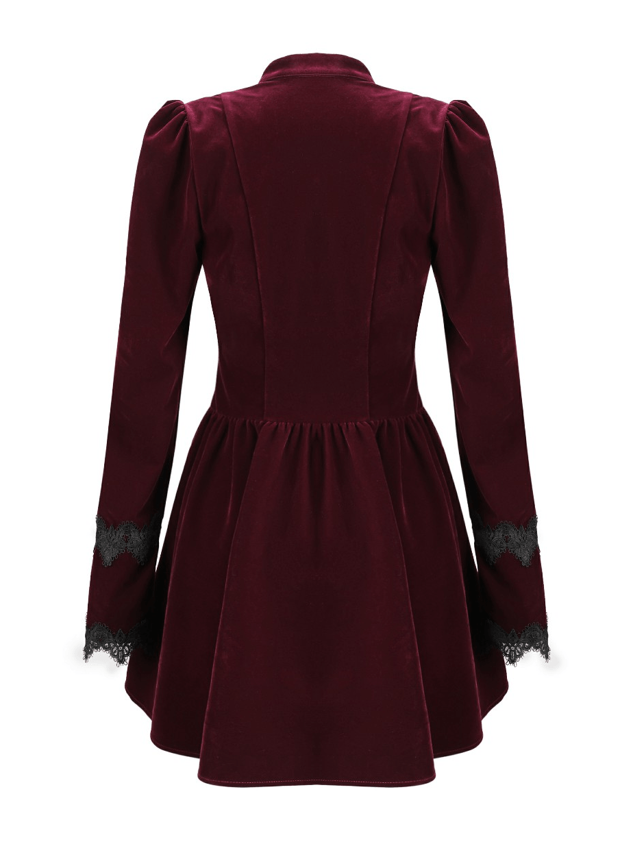 Delicate Mini Dress with Lace and Keyhole Neckline burgundy velvet Gothic skater dress with puff sleeves and lace-trim cuffs