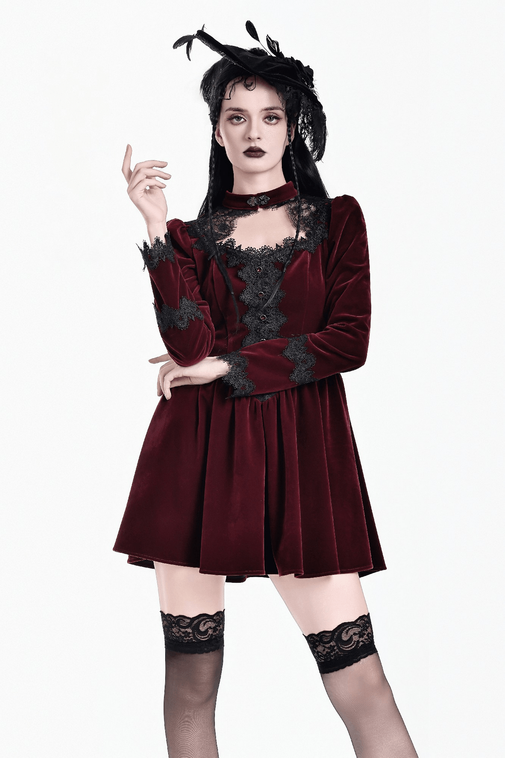 Delicate Mini Dress with Lace and Keyhole Neckline, burgundy Gothic velvet mini dress with lace trim and puff sleeves