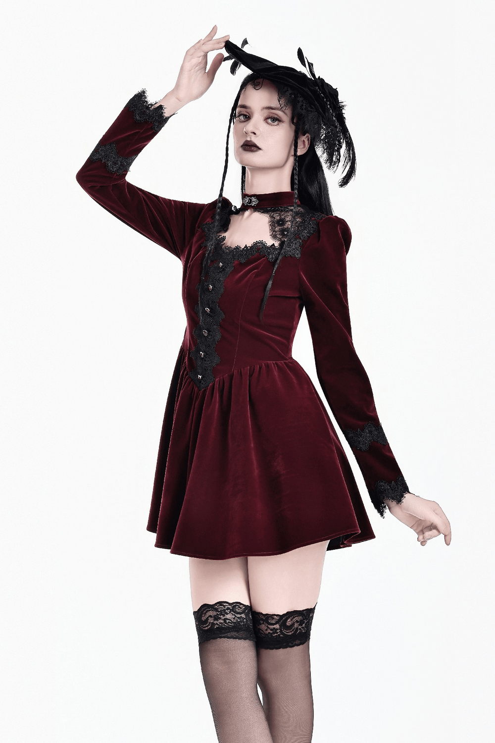 Delicate Mini Dress with Lace and Keyhole Neckline in burgundy velvet, Gothic Victorian puff sleeve skater dress with lace trim