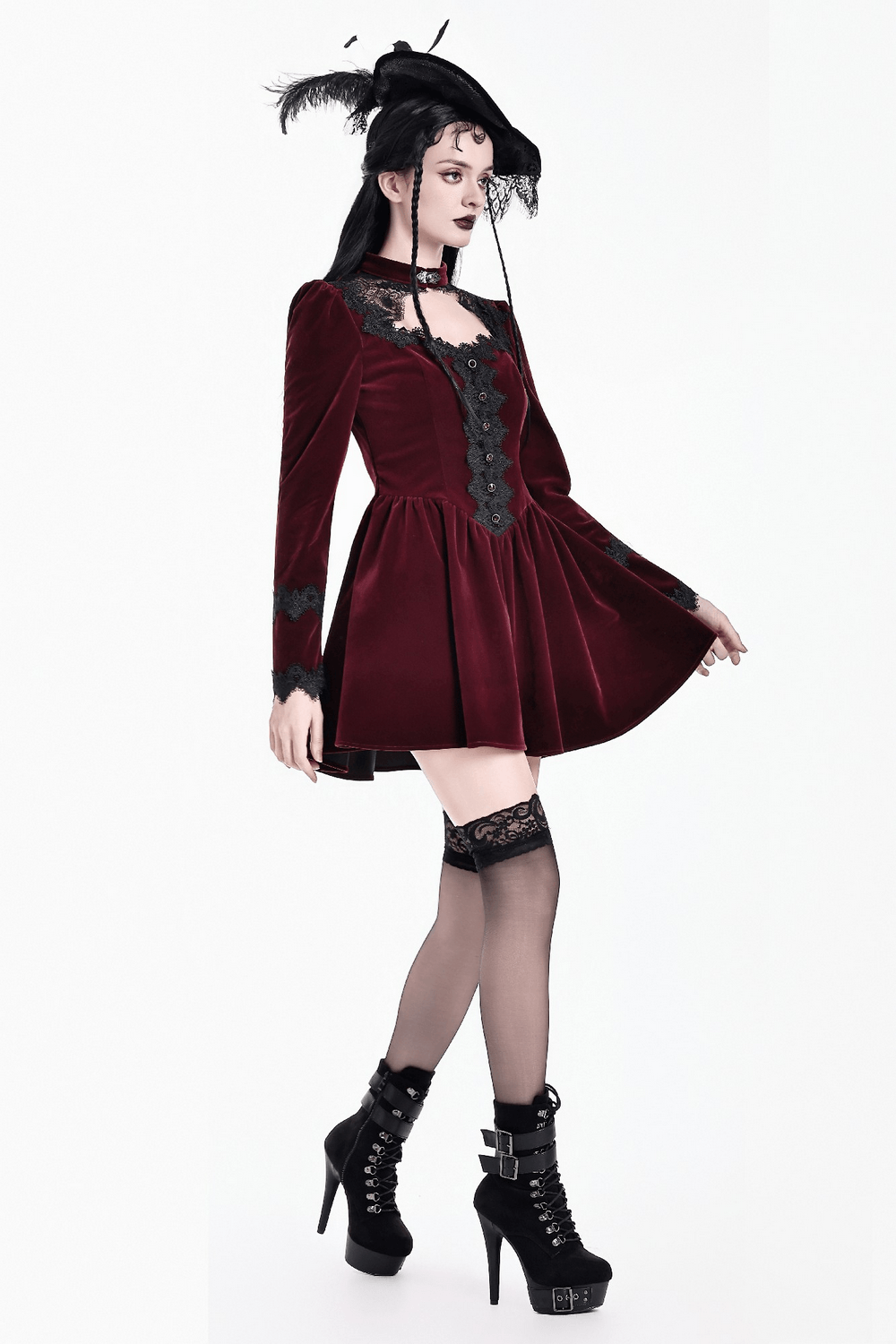 Delicate Mini Dress with Lace and Keyhole Neckline burgundy Gothic velvet mini dress with black lace and ornate button trim