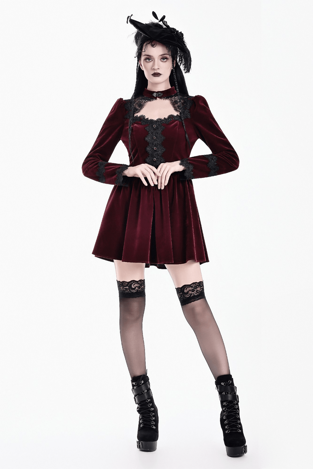Delicate Mini Dress with Lace and Keyhole Neckline burgundy Gothic velvet mini dress with ornate lace and buttons