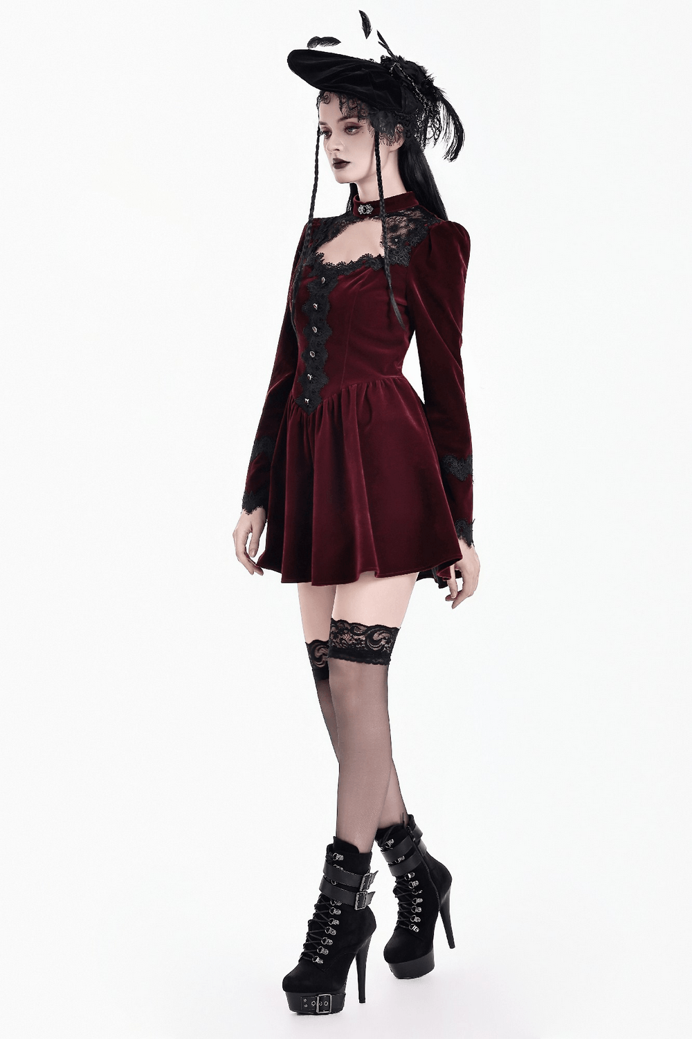 Delicate Mini Dress with Lace and Keyhole Neckline burgundy Gothic velvet skater dress with lace trim