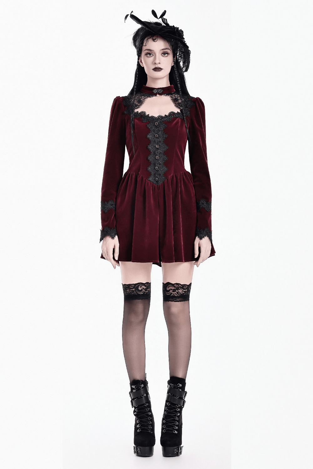 Delicate Mini Dress with Lace and Keyhole Neckline burgundy Gothic velvet dress with lace trim and puff sleeves