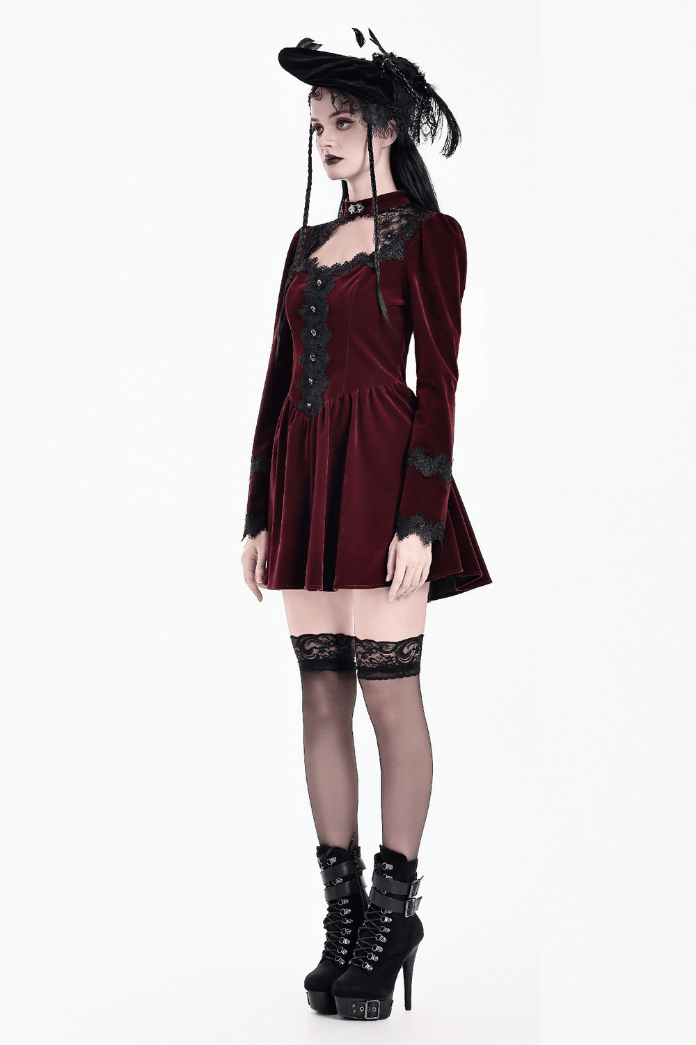 Delicate Mini Dress with Lace and Keyhole Neckline burgundy Gothic velvet dress with lace trim and puff sleeves