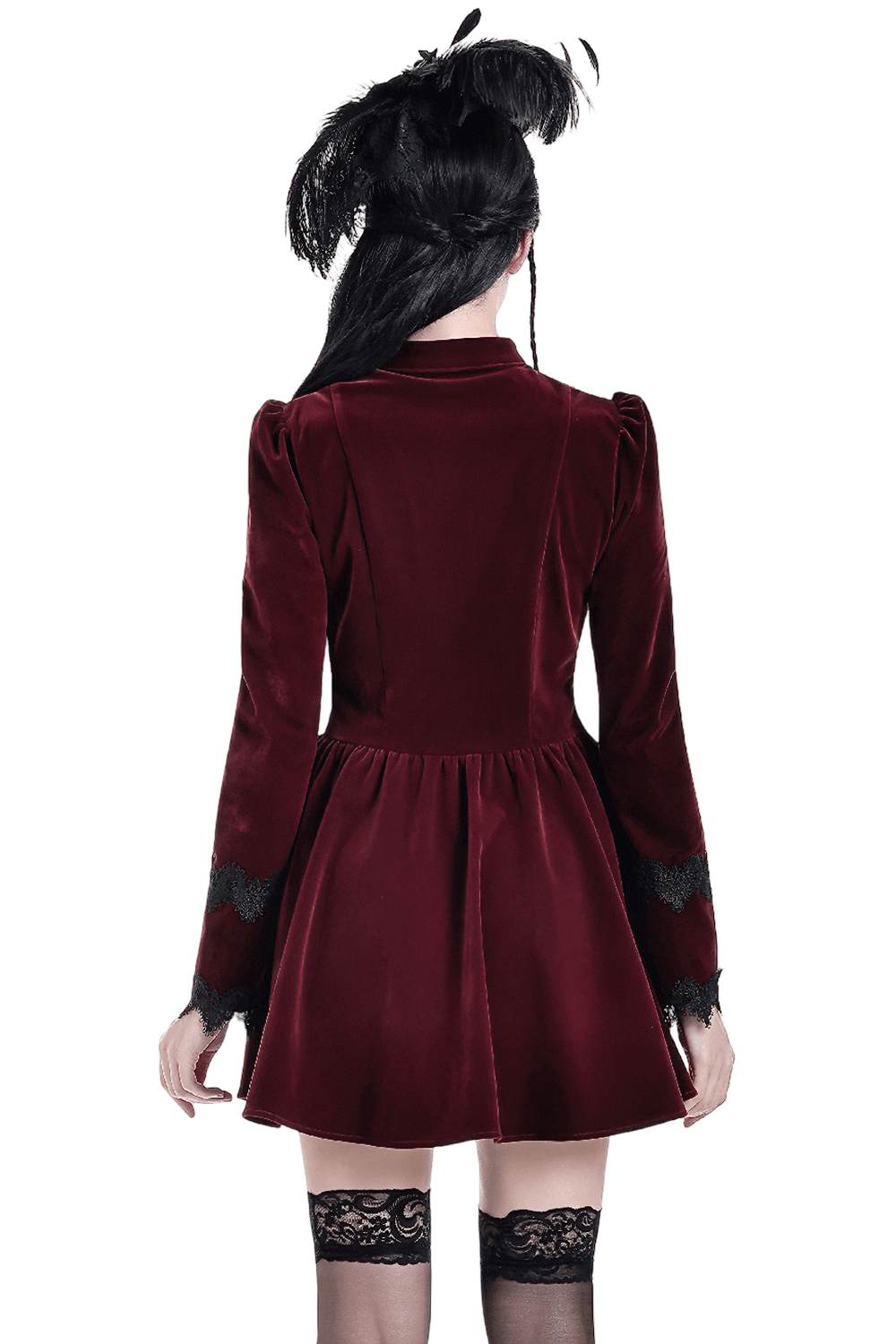 Delicate Mini Dress with Lace and Keyhole Neckline, burgundy Gothic velvet skater dress with puff sleeves and lace cuffs