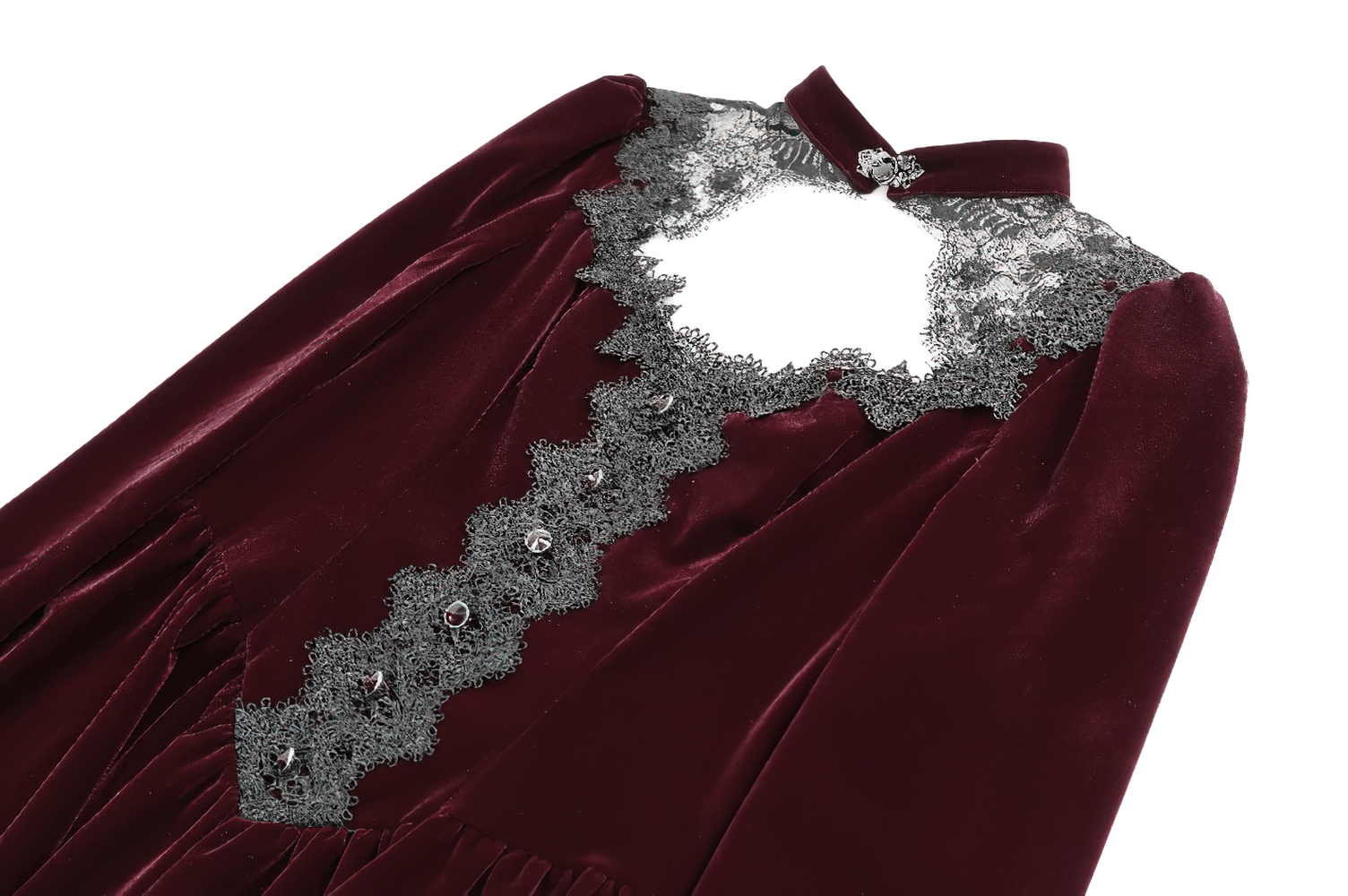 Delicate Mini Dress with Lace and Keyhole Neckline, burgundy velvet Gothic skater dress with ornate lace trim