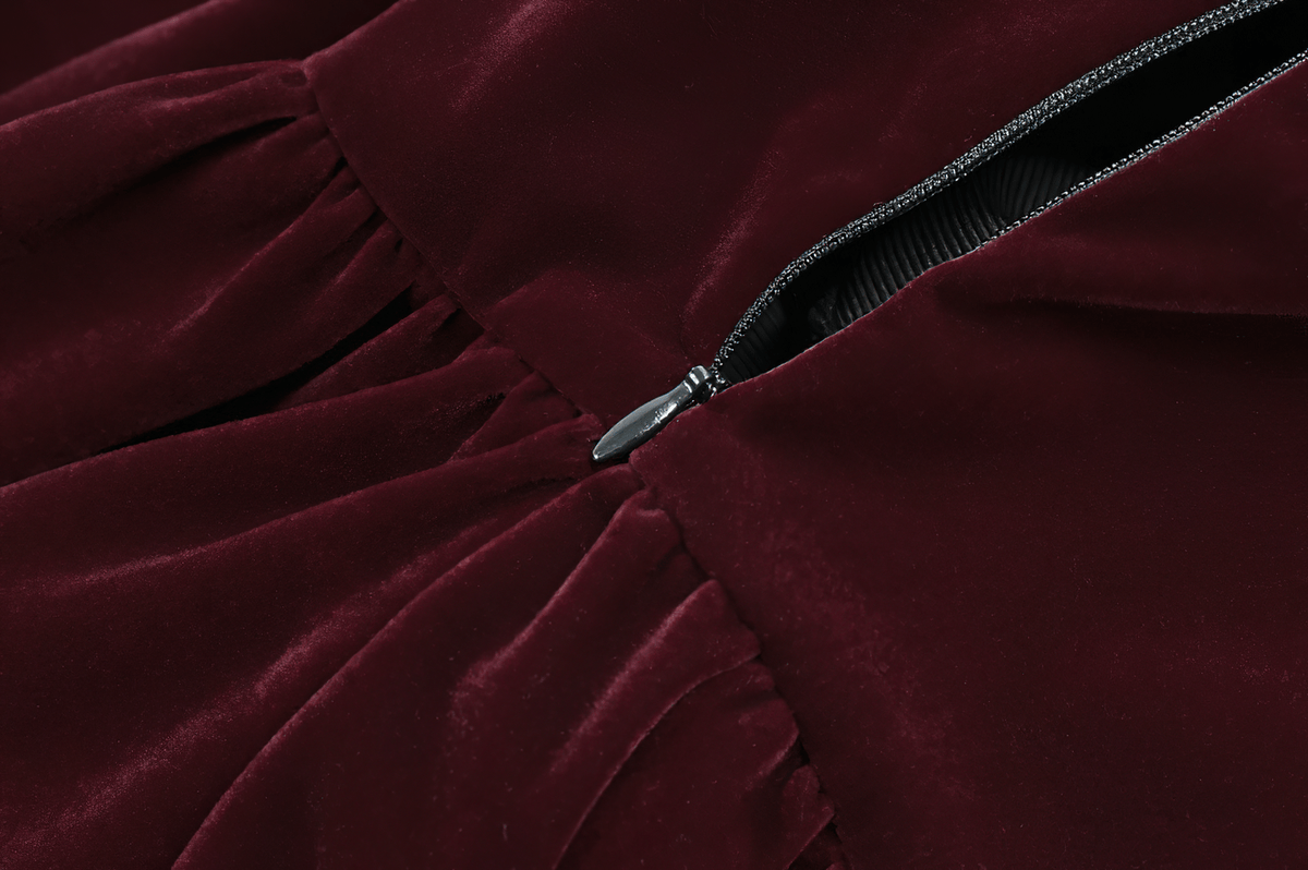 Delicate Mini Dress with Lace and Keyhole Neckline, burgundy velvet Gothic dress with choker collar and lace trim