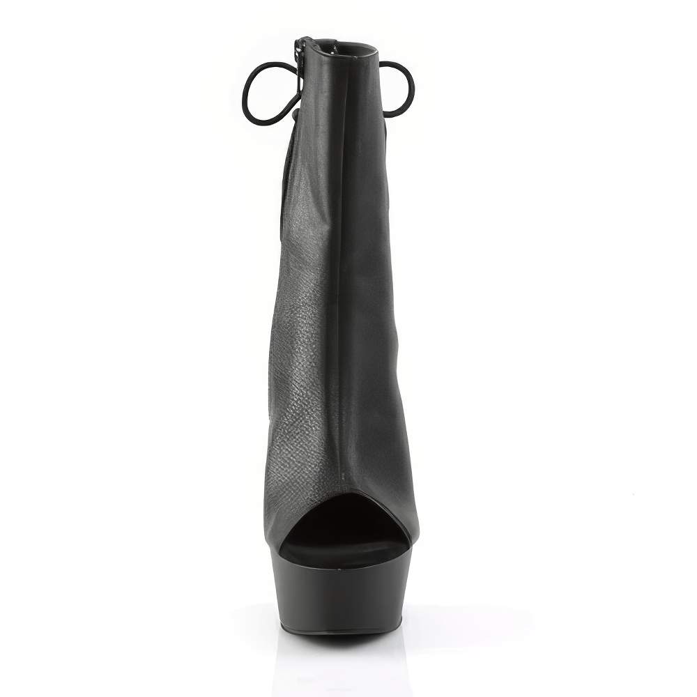 Black open-toe heels with lace-up back and hidden pocket, featuring a 6" heel and 1 3/4" platform for edgy style.