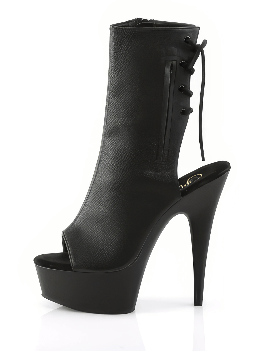 Stylish black lace-up back heels with hidden pocket, 6" heel, 1.75" platform, and open toe design.