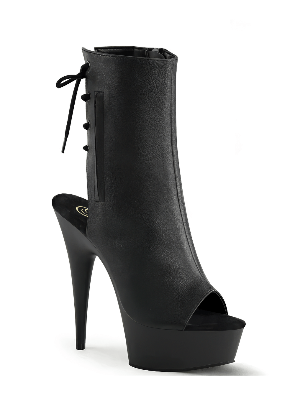 Stylish black open heel shoes with lace-up back, 6" heel, 1.75" platform, and hidden pocket for edgy fashion.