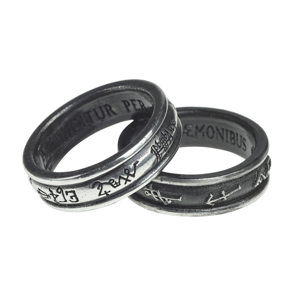 Demon black and angel white rings with engravings of archangels and spirits, symbolizing good and evil.