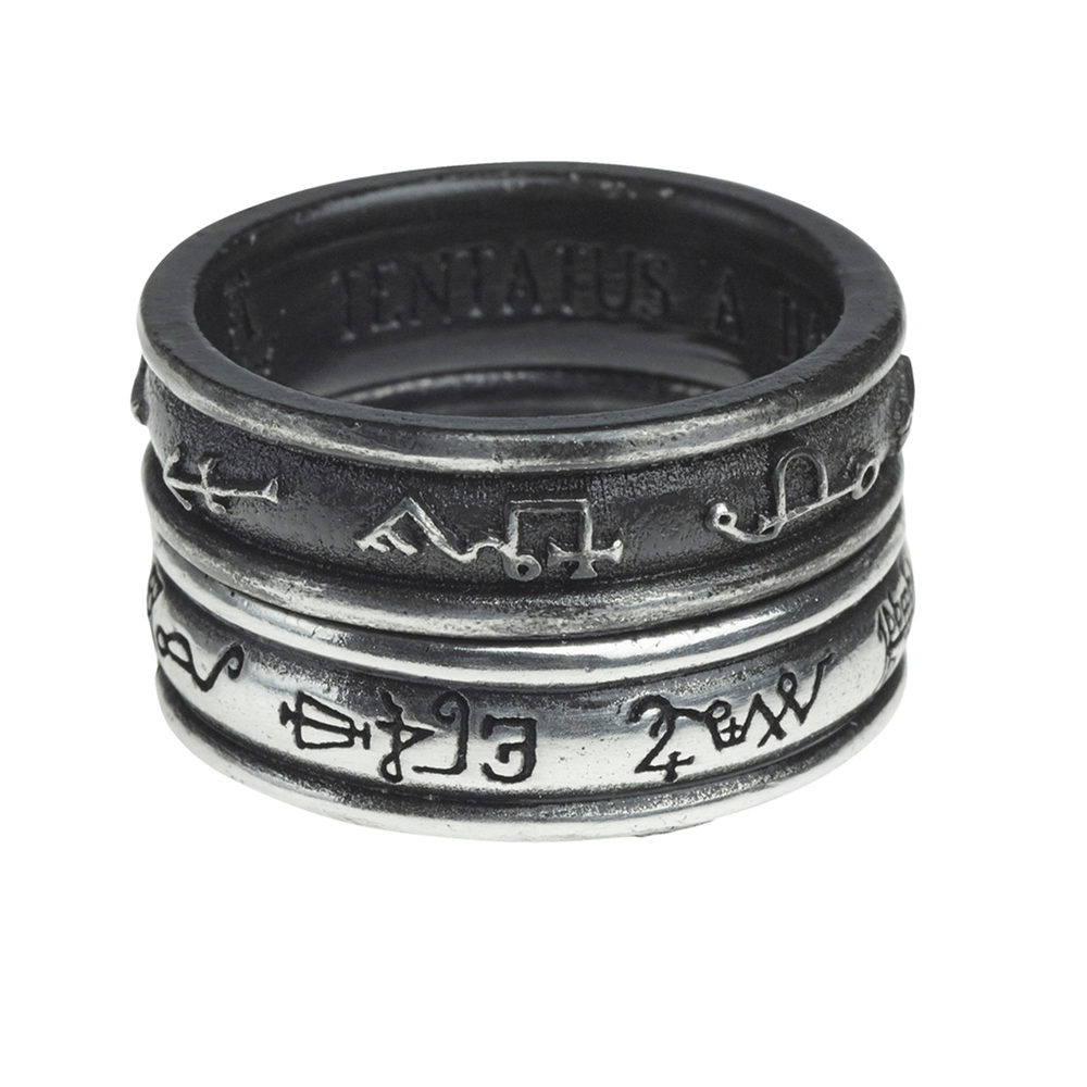 Demon black ring featuring medieval spirit signatures with engraved symbols and intricate designs.