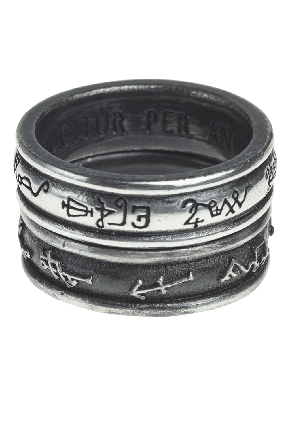 Unique Demon Black and Angel White Ring Pair featuring spirit signatures and Archangel engravings.