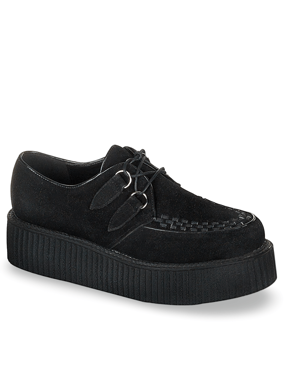 Demonia 2-inch platform rockabilly punk goth creeper shoes in black suede with interlace detailing.