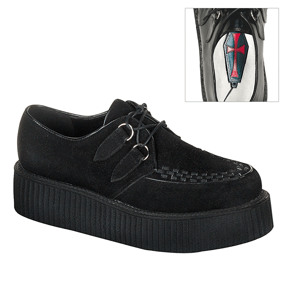 Bold black suede Rockabilly Punk Goth Creeper shoes with 2-inch platform and intricate detailing.