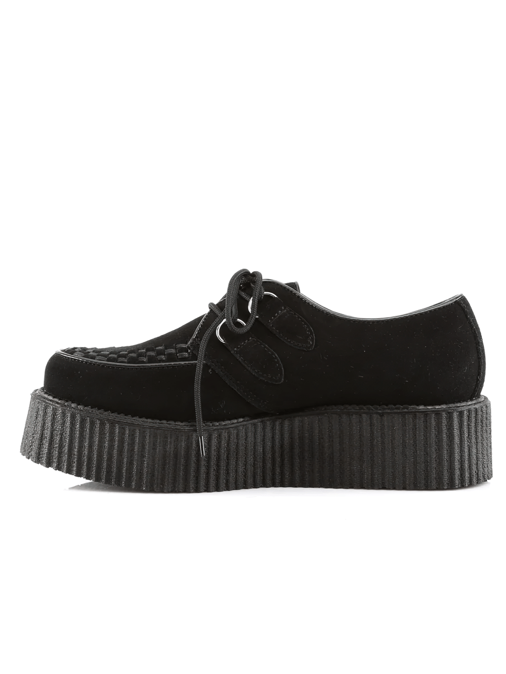 Demonia 2-inch platform black suede Rockabilly Punk Goth creeper shoes with interlace detailing.