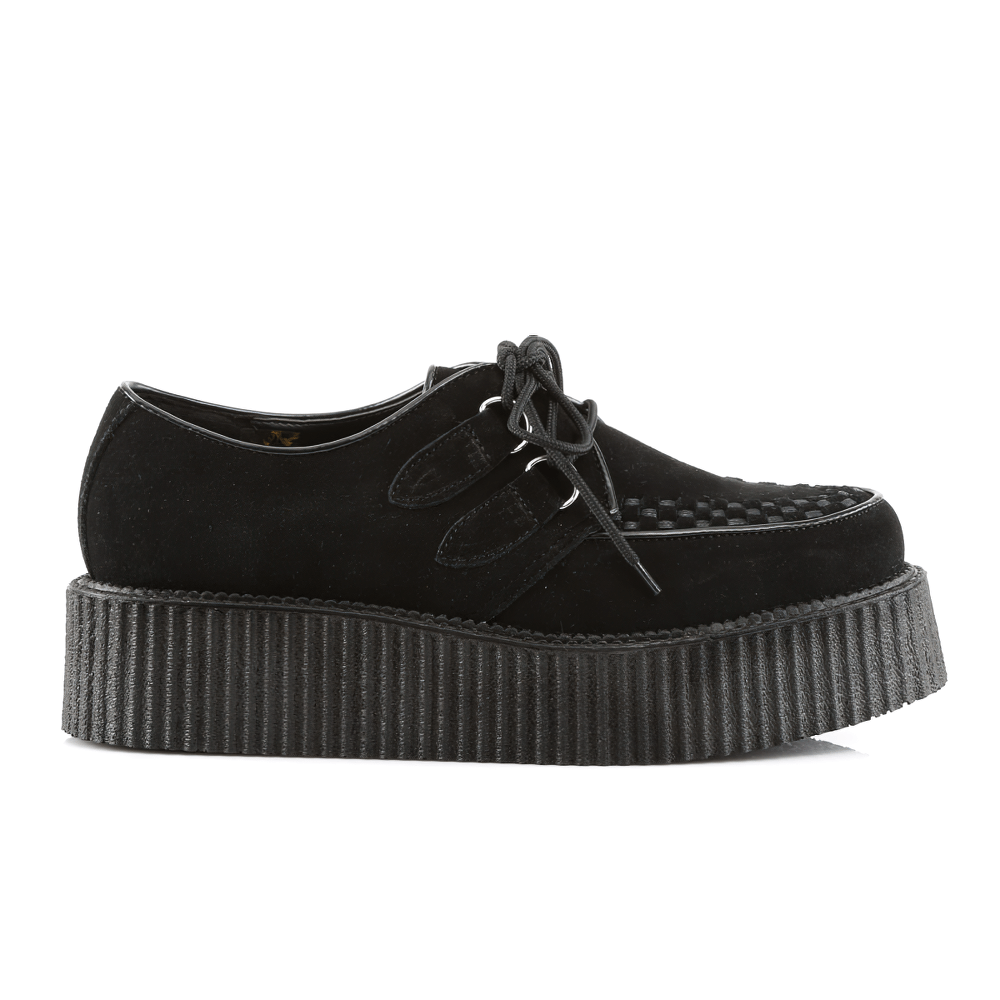 Bold black suede men's platform creeper shoes with intricate detailing and 2-inch chunky sole, perfect for punk style.