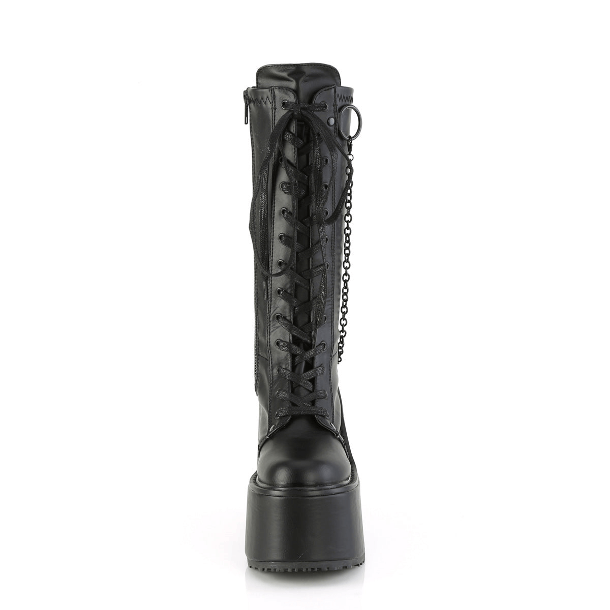 Demonia 5-buckle black platform knee high boots with chain and lace-up front, perfect for an edgy style.