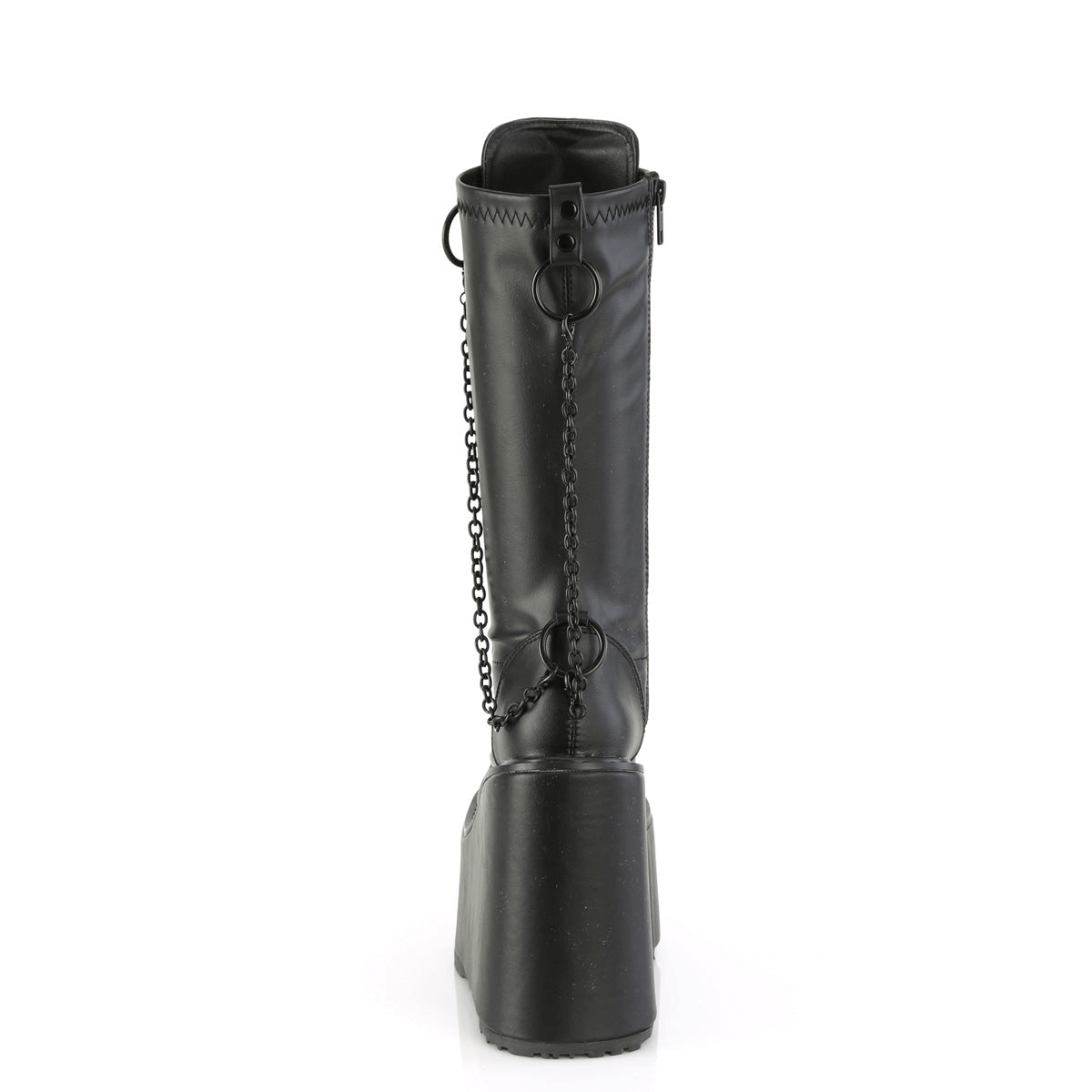 Back view of Demonia 5-Buckle Black Platform Knee High Boots with removable chain detail.