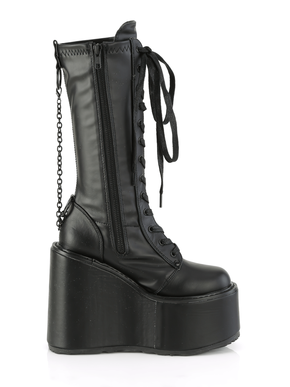 DEMONIA 5-Buckle Black Platform Knee High Boots with Chain