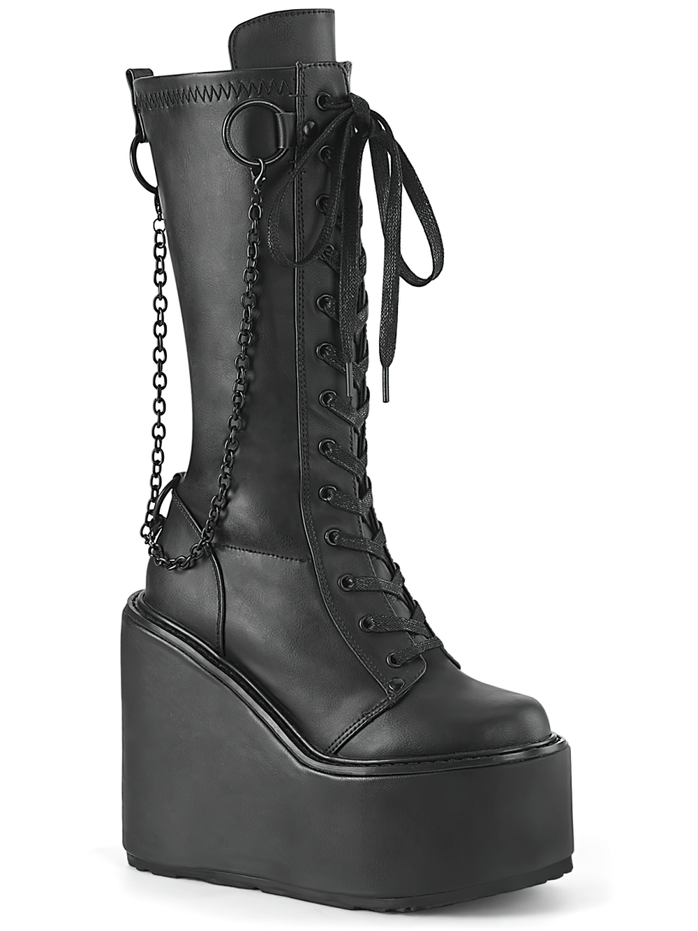 DEMONIA 5-Buckle Black Platform Knee High Boots with Chain