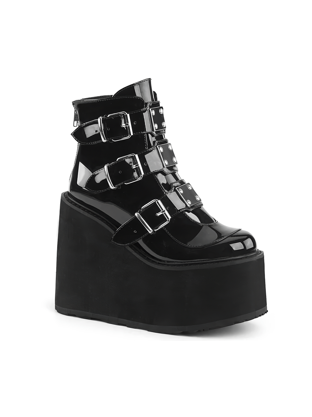 Gothic style ankle boot with triple buckle straps and chrome plates on a 5.5 inch wedge platform.
