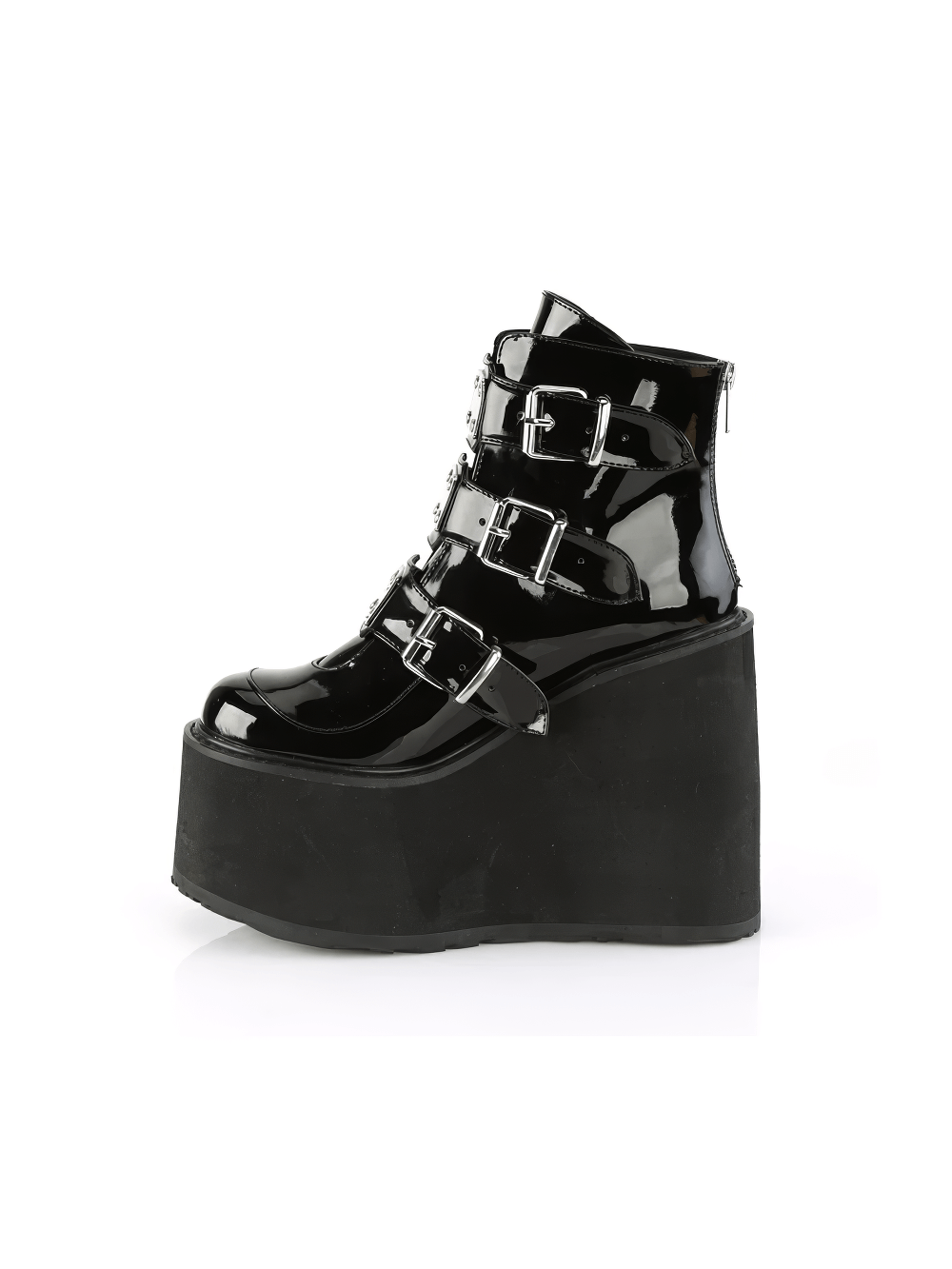 Gothic patent leather ankle boot with triple buckles and shiny chrome plates on a high wedge platform.