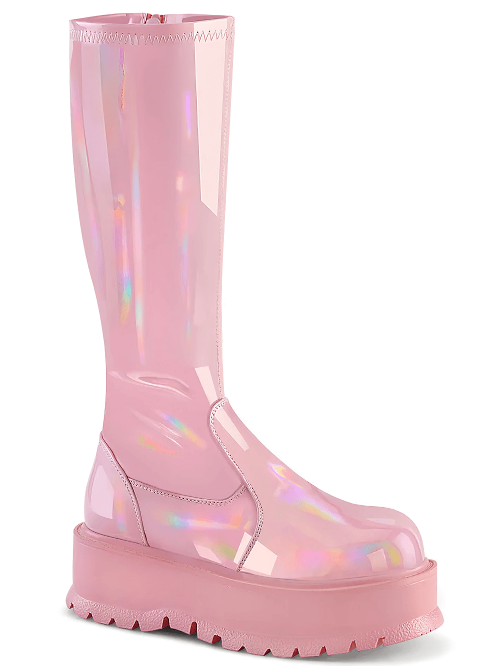 Baby pink holographic knee-high platform boots with a shiny finish and 2-inch heel.