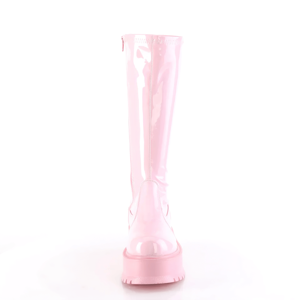 DEMONIA Baby Pink Holo Stretch Knee-High Platform Boots