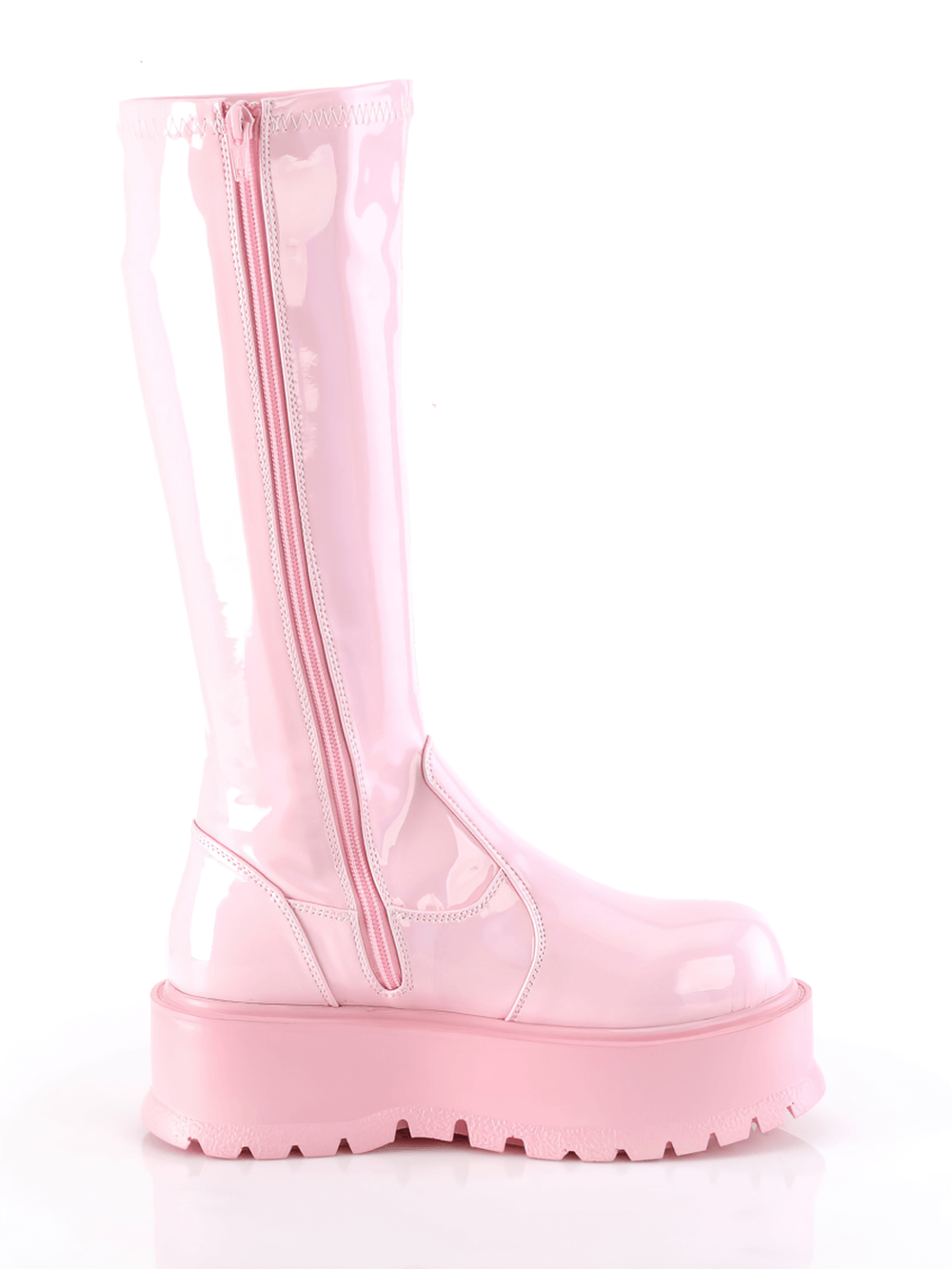 Demonia baby pink holo knee-high platform boots with zipper for stylish festival looks.