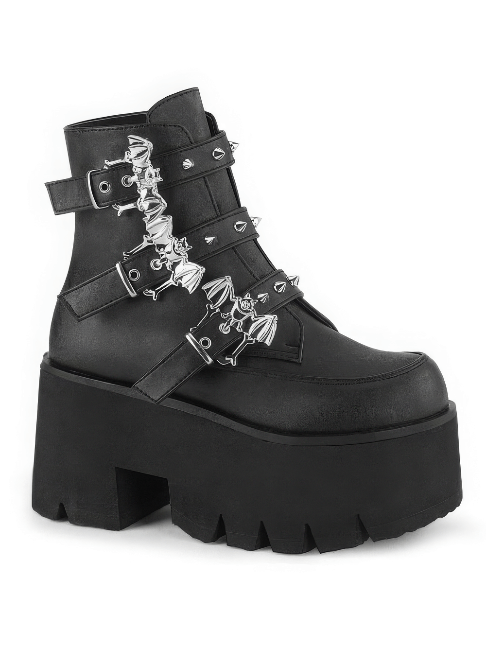 Gothic Demonia platform ankle boots featuring bat buckle straps and chunky heel for edgy style.