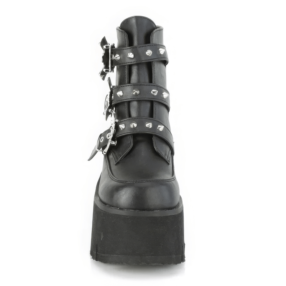 Black Gothic Platform Ankle Boots with Bat Buckle Straps and Studded Details, perfect for daring fashion lovers.