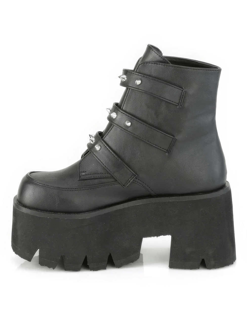 Gothic Demonia Bat buckle studded platform ankle boots with chunky heel and cut-out design.