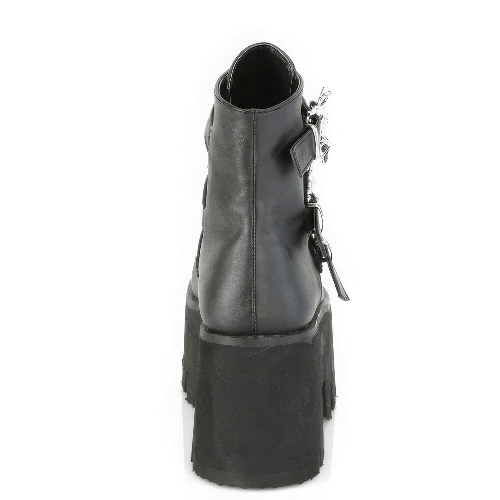 Back view of DEMONIA Gothic studded platform ankle boots with bat buckle straps in classic black.