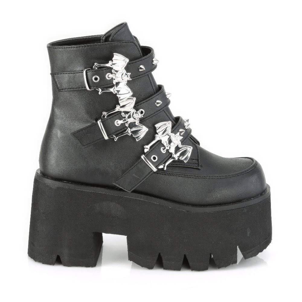 Gothic Demonia platform ankle boots featuring studded bat buckle straps, chunky heel, and edgy black design.