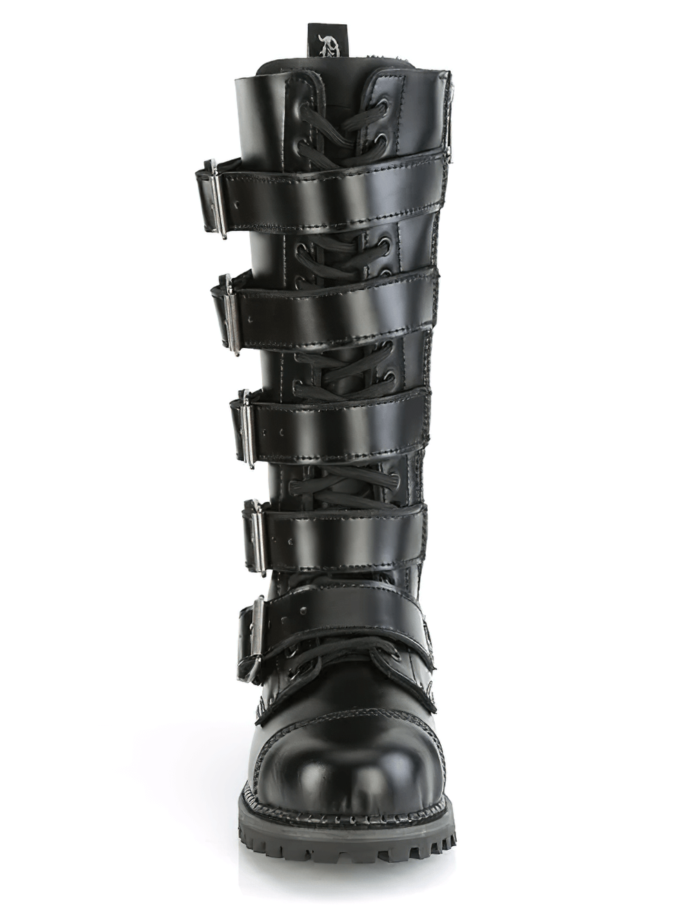 Demonia biker leather knee boots with steel toe, lace-up design, and five stylish buckles.