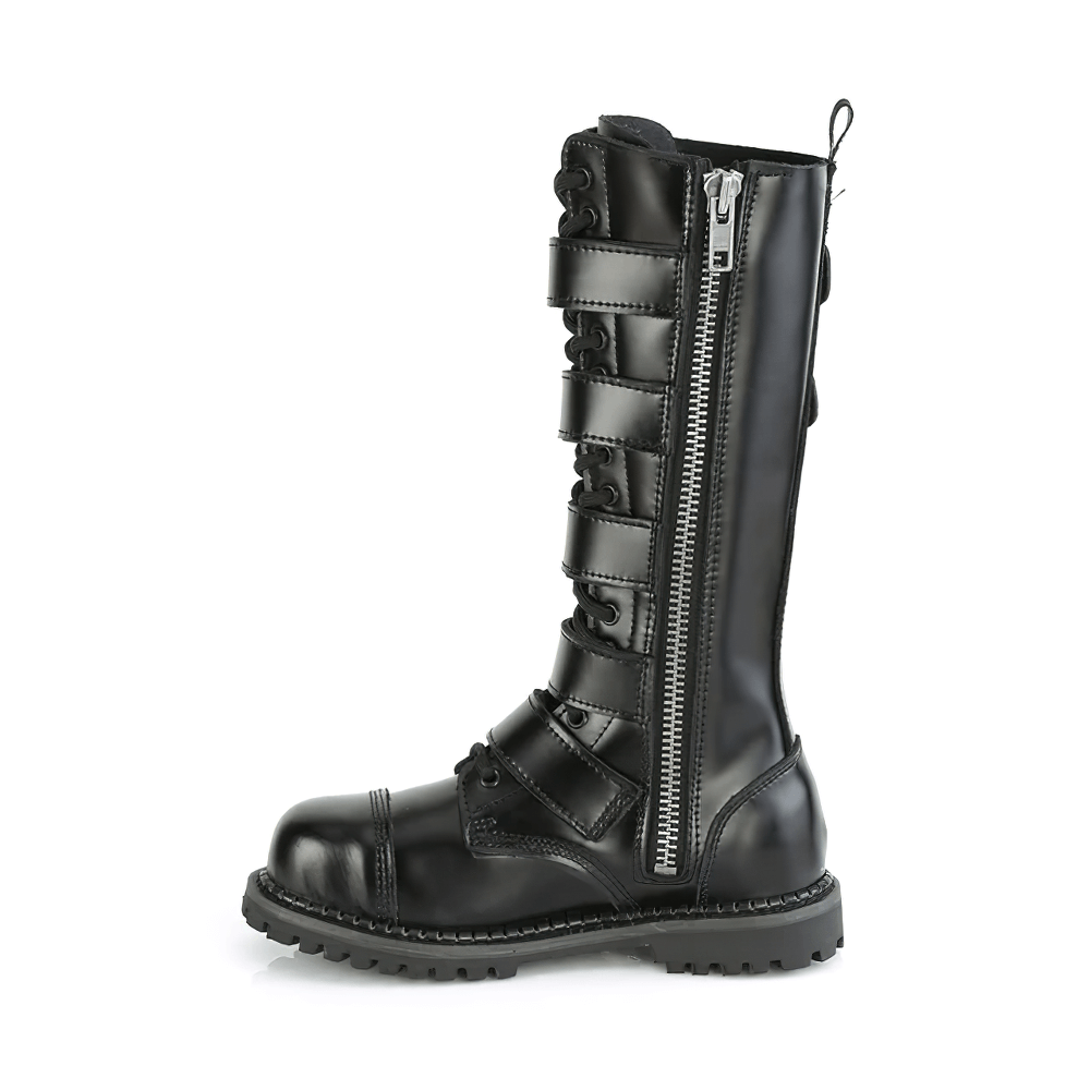Demonia biker knee boots with steel toe, buckles, and zipper, perfect for alternative fashion.