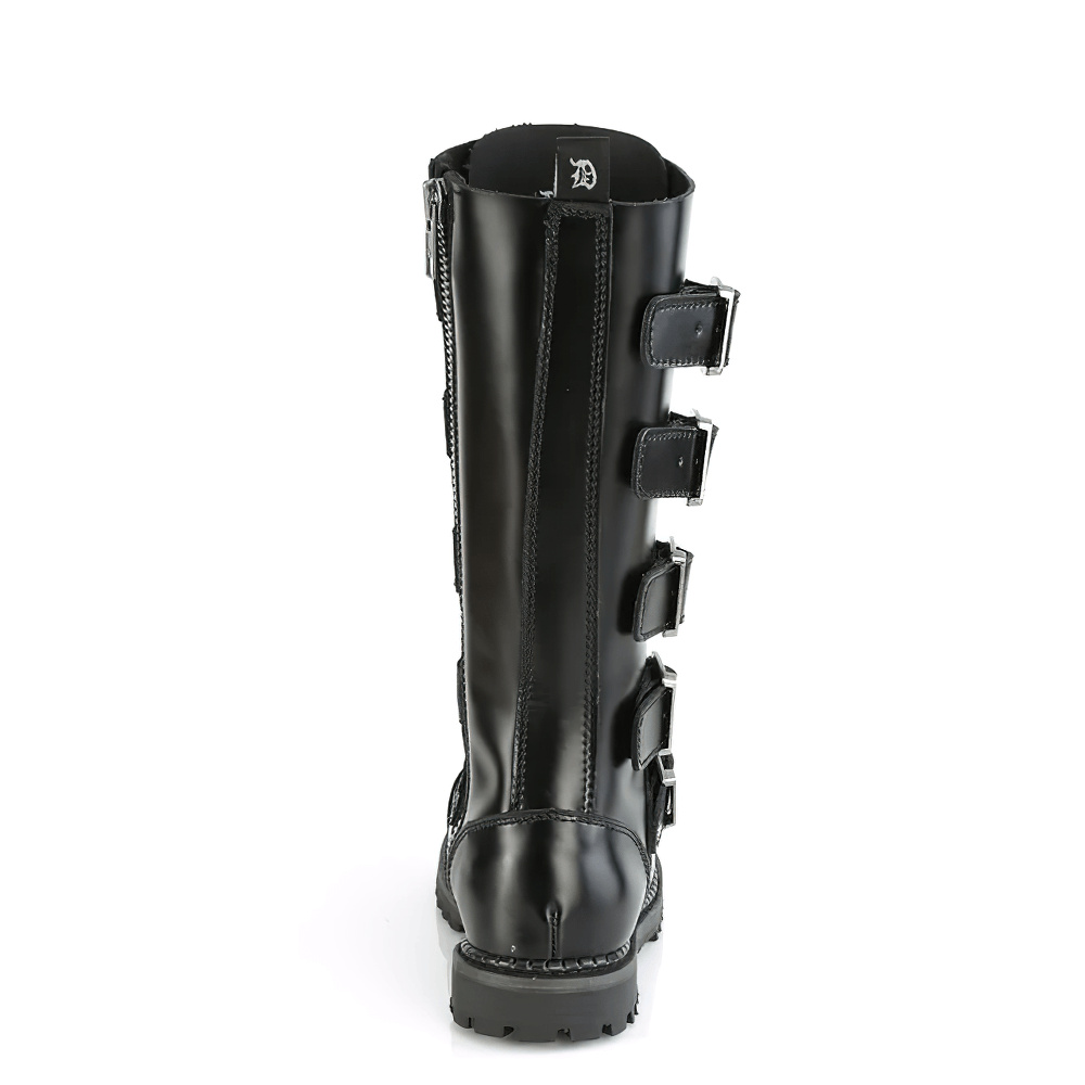 DEMONIA Biker Leather Knee Boots with Steel Toe and Buckles
