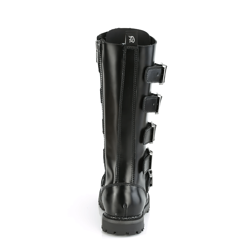 Stylish black leather biker knee boots with steel toe and three buckles, perfect for edgy fashion.
