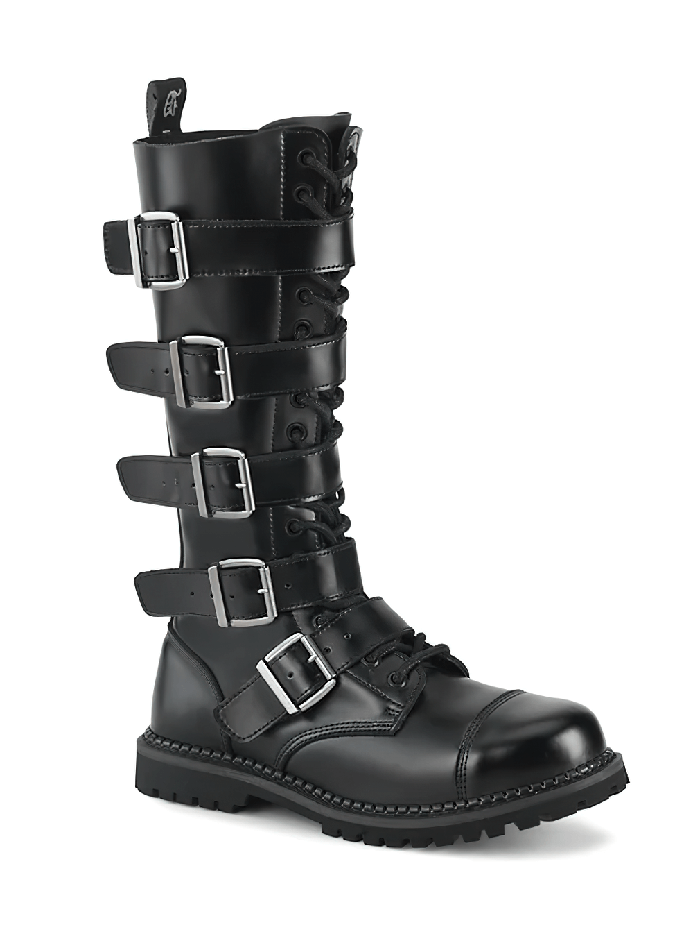 DEMONIA Biker Leather Knee Boots with Steel Toe and Buckles