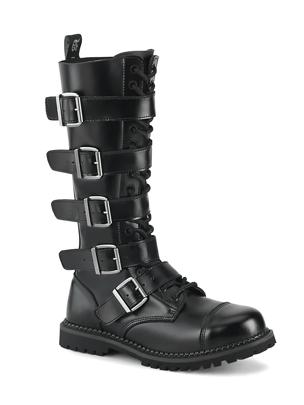 Demonia biker leather knee boots featuring steel toe, lace-up design, and multiple buckles for a rugged alternative style.