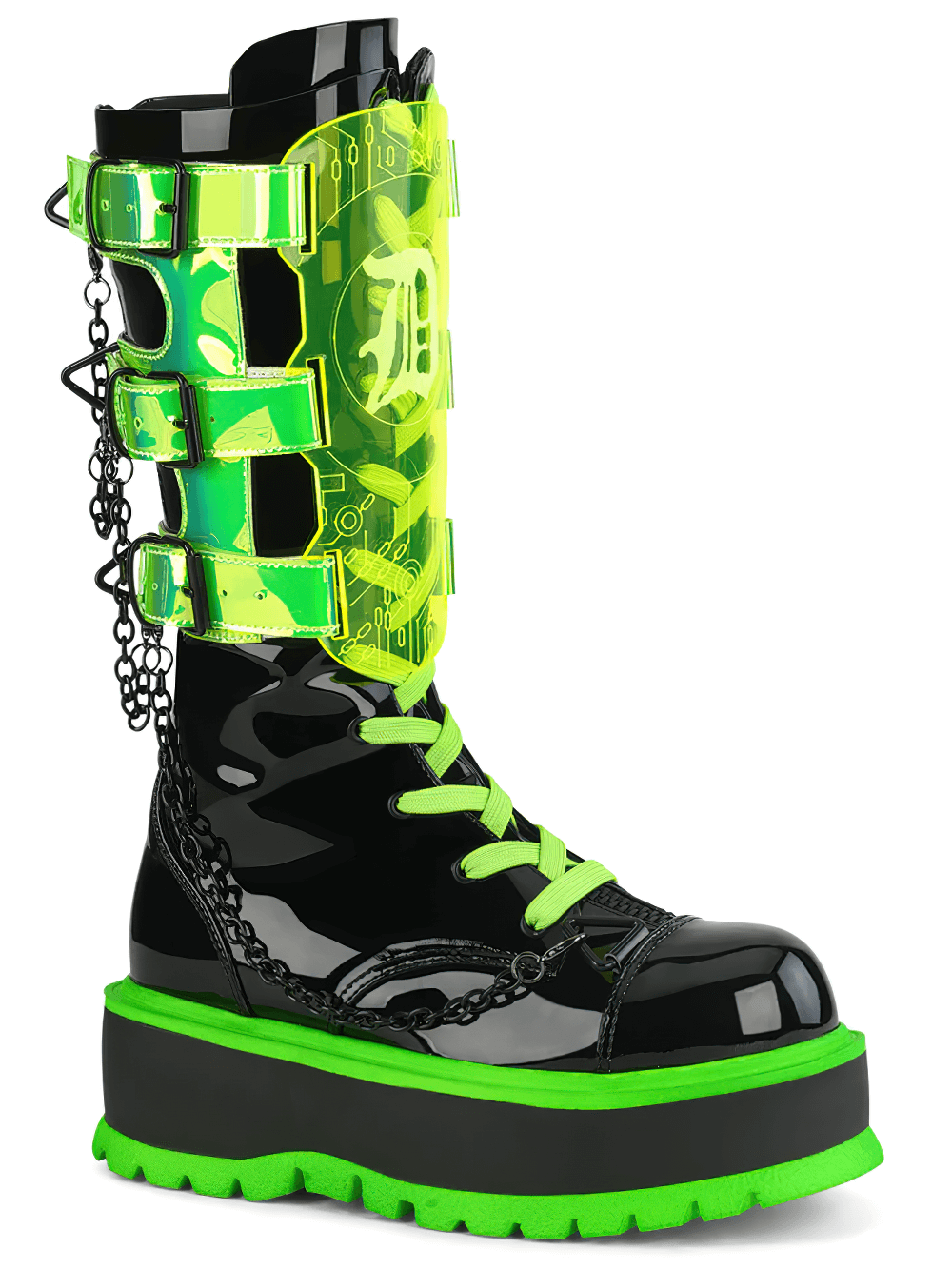 DEMONIA Black and Neon Green Platform Boots with Straps