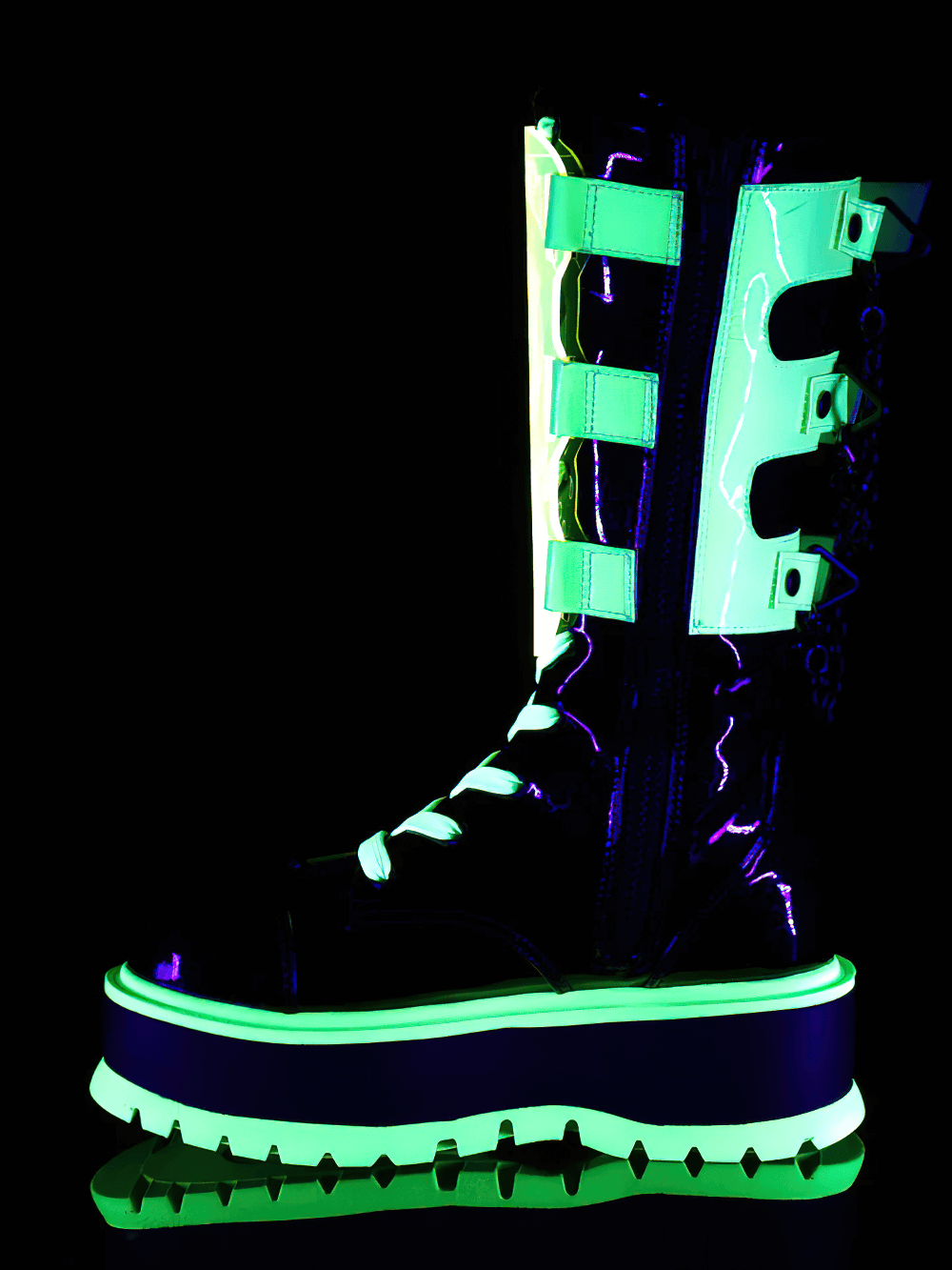 DEMONIA Black and Neon Green Platform Boots with Straps